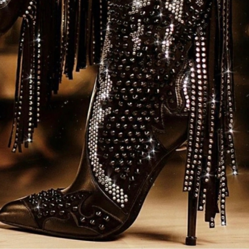 NWB Fring and Rhinestone Stiletto Booties